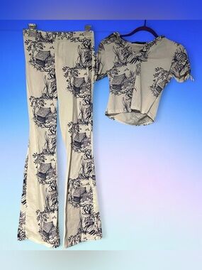 Finesse Studios whitebell bottom pants and matching cropped top with blue tiger
